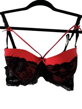 Victoria's Secret Red Black Lace Underwire Bra Crisscross Straps Size 36C